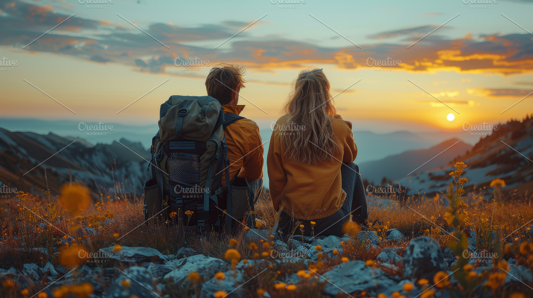 Happy couple sitting by the mountain at sunset enjoying the beautiful view, a Photo by AS photostudio