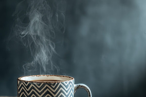 Steaming mug of coffee on wooden tab, a Photo by Pixeness Studio