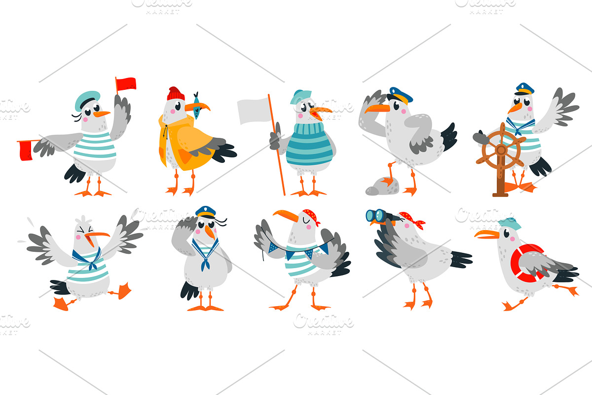 Cartoon seagull. Funny sailors, a Graphic by LadadikArt