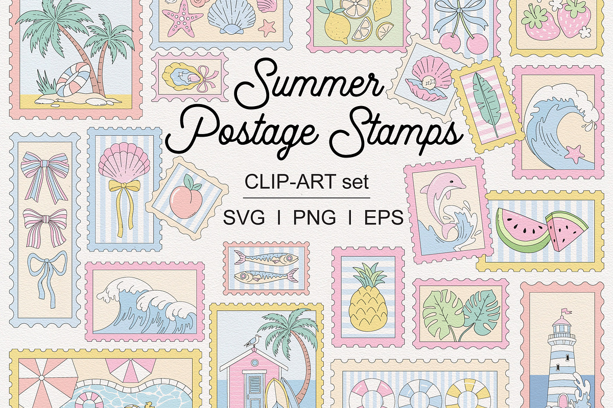 Summer Postage Stamp Clipart set, a Seasonal Illustration by @olga.angelloz (Photo 1 of 2)