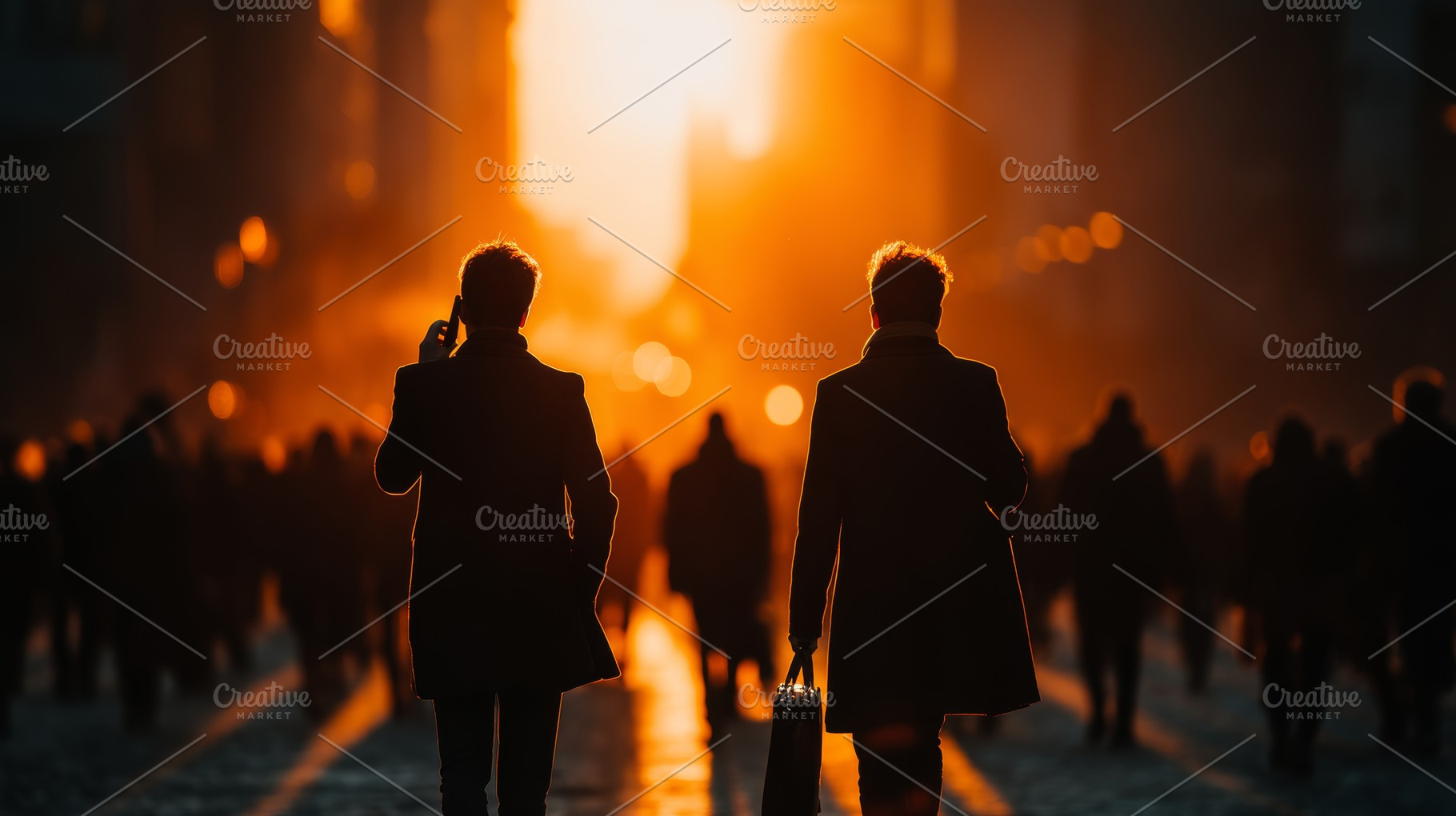 Silhouettes of professionals walking at sunrise in a bustling urban street, a Business Photo by AS photostudio