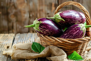 Fresh eggplants in basket on wooden table, a Food & Drink Photo by AlyaAnd