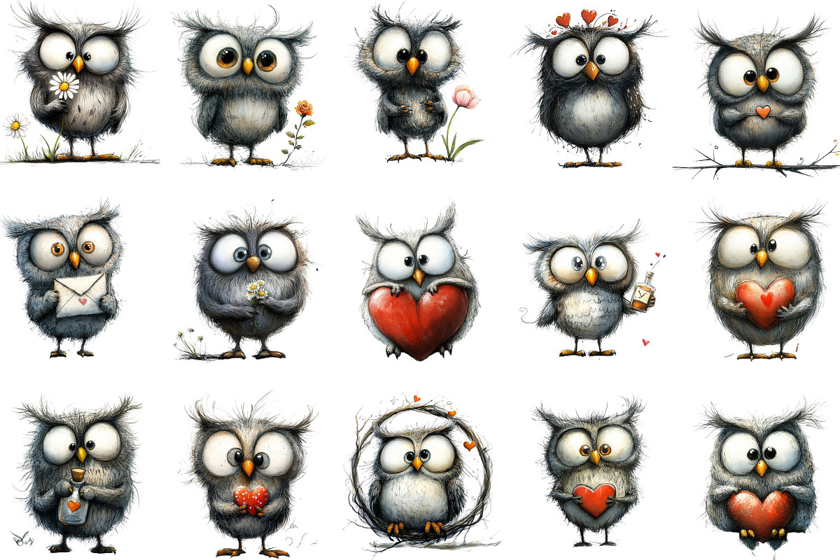 Whimsical Valentine Owl Clipart, an Illustration by Designking (Photo 3 of 5)