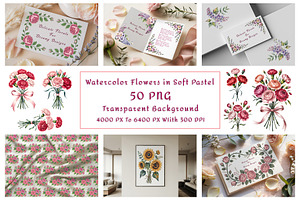 Watercolor Flowers in Soft Pastels