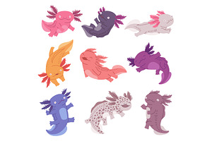 Cute Kawaii axolotl characters set, an Animal Illustration by Sabelskaya