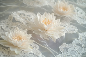 Three delicate white lotus Water lily lace flowers arranged on a soft lace back, a Texture Graphic by Textures & Backgrounds