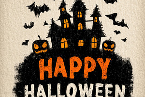 Spooky Halloween illustration with haunted house, flying bats, g, a Holiday Photo by José Manuel Gelpi