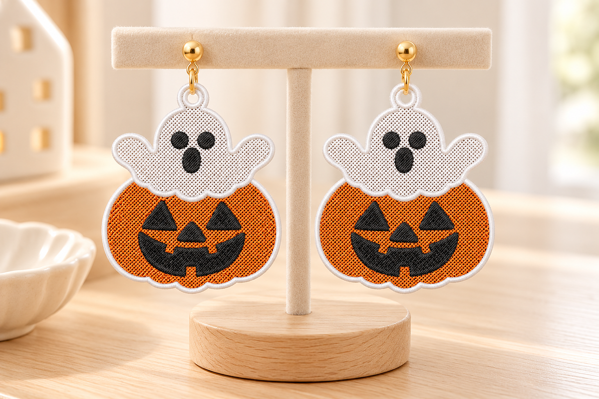 Ghost Pumpkin Earrings Embroidery, an Object Graphic by Craft Nest (Photo 3 of 4)
