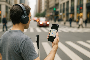 Man wearing headphones holding smart, a Photo by Dvoevnore photos