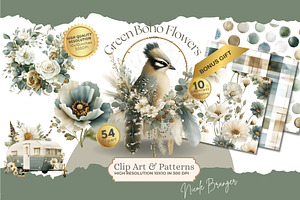 Green Boho Flower Clipart Bundle