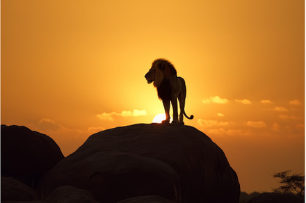 Lion standing rock sunset. Generate, an Animal Photo by Ylivdesign
