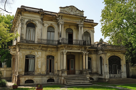 An old, ornate Neoclassical style mansion with a weathered facade, featuring cl, an Architecture Photo by Textures & Backgrounds