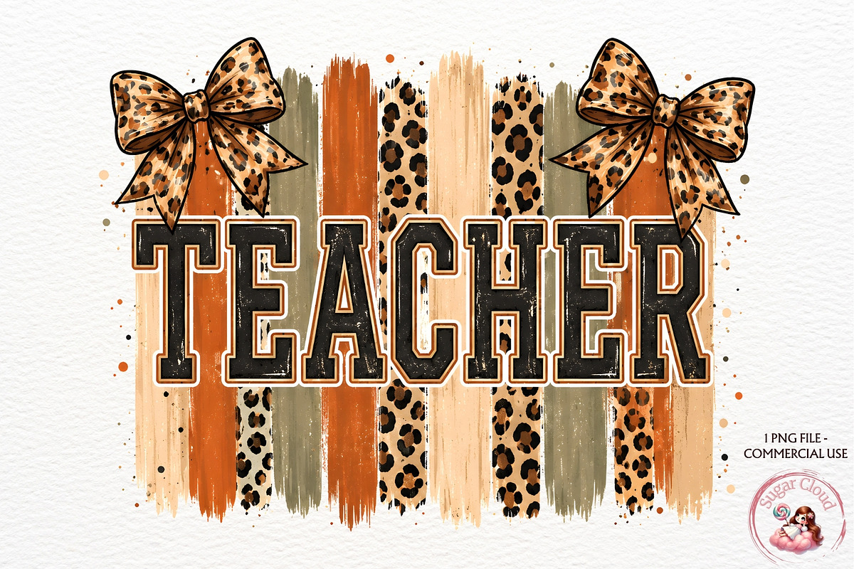 Teacher PNG Shirt School Leopard Bow, a Decorative Illustration by SugarCloudStudioArt (Photo 1 of 6)