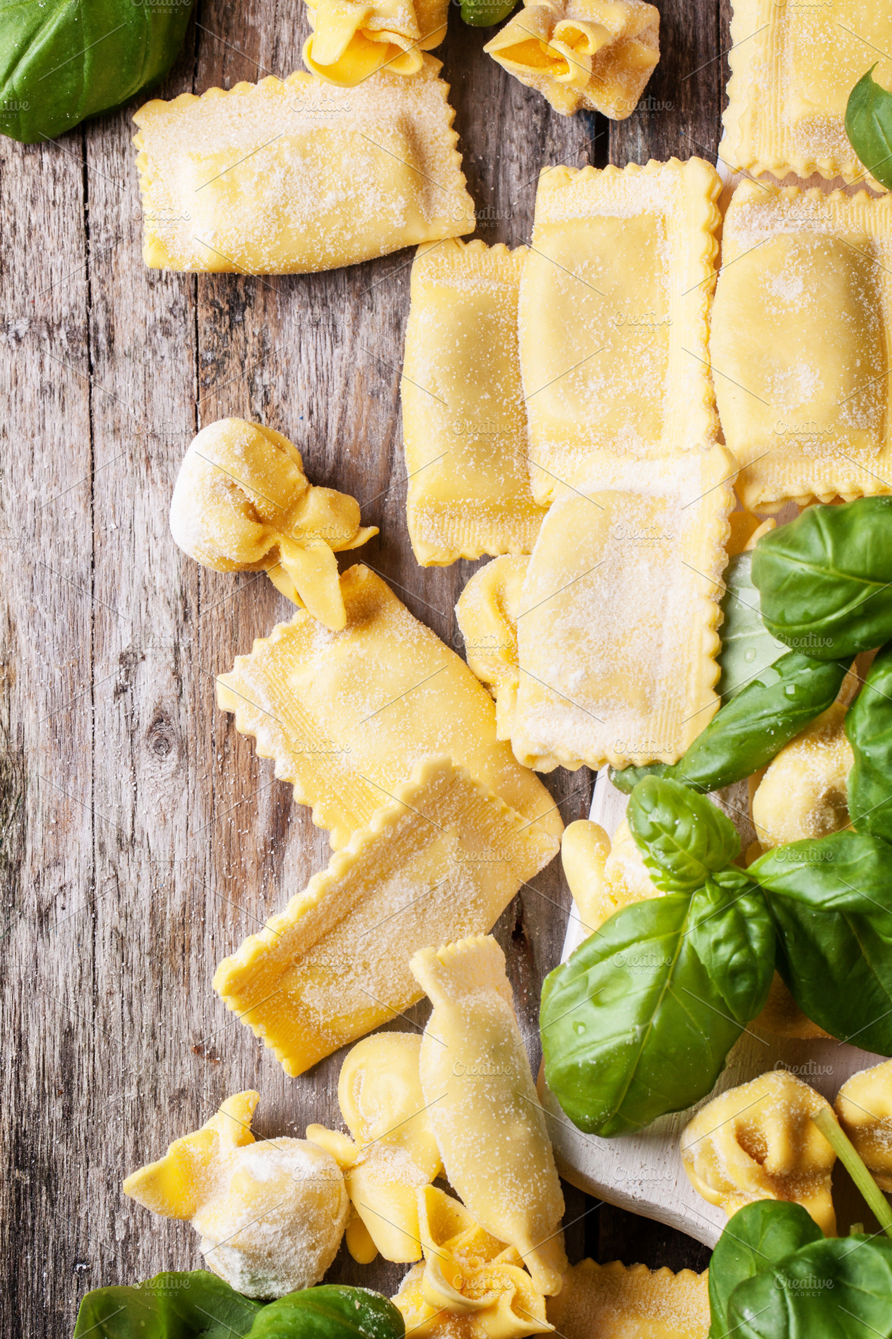 Pasta ravioli with basil containing pasta, ravioli, and italian