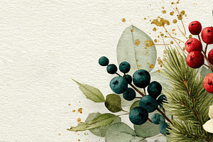 Watercolor Christmas Greenery Banner with Berries, Pinecone and, a Background Photo by José Manuel Gelpi