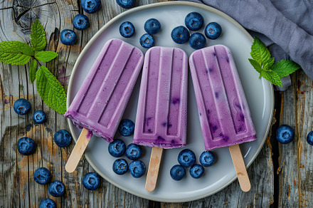 Ice cream popsicles with organic blueberries on wooden background, a Food & Drink Photo by AlyaAnd