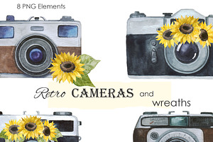 Watercolor Retro Camera Sunflowers