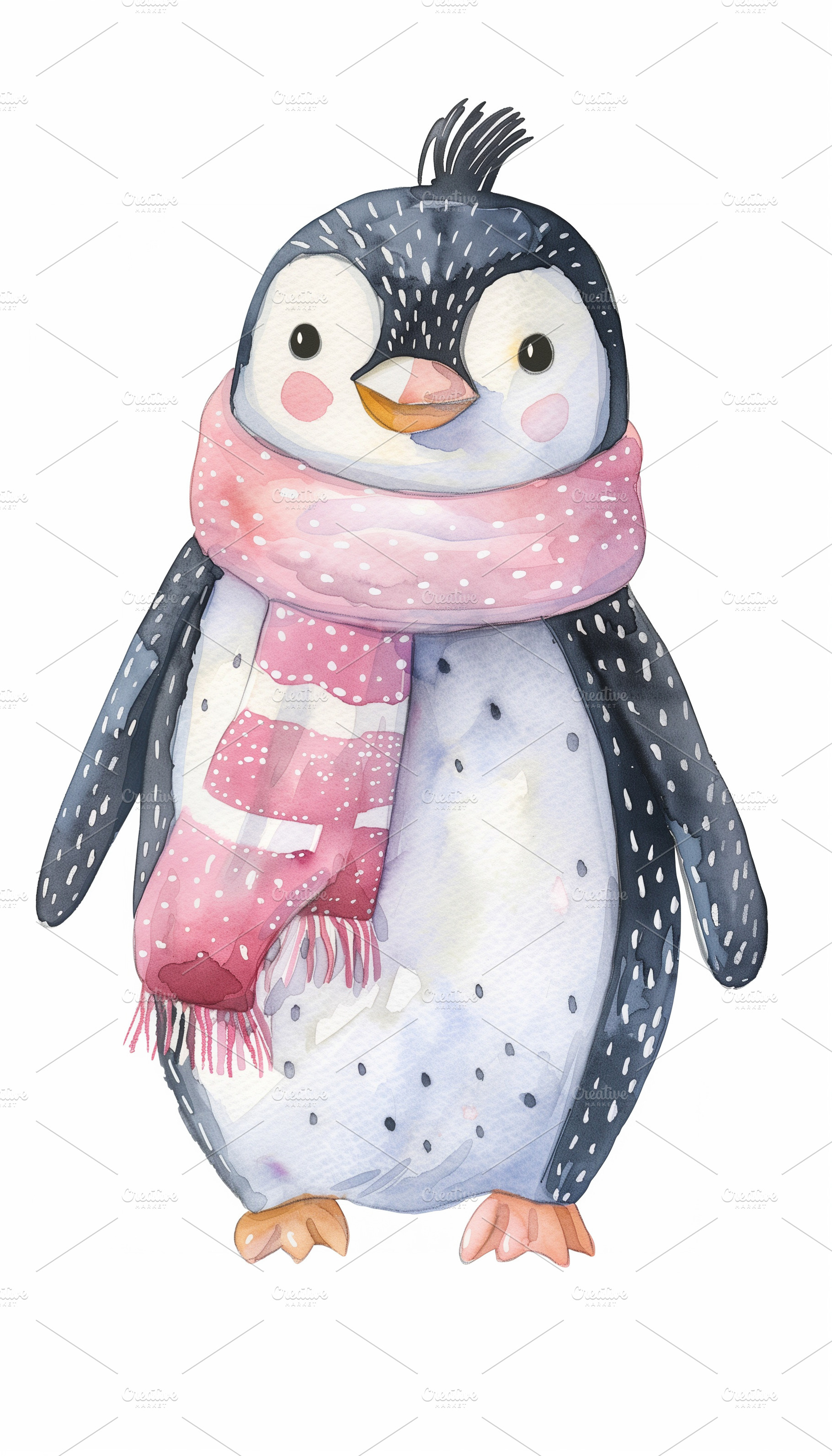 Watercolor penguin with pink scarf, an Animal Photo by MistyDay