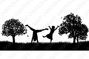 Little Kids Playing In Park Outdoors Silhouette