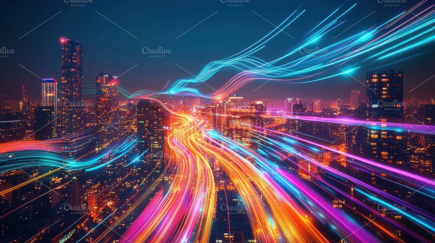 Vibrant city lights at night, a Photo by Beautiful things