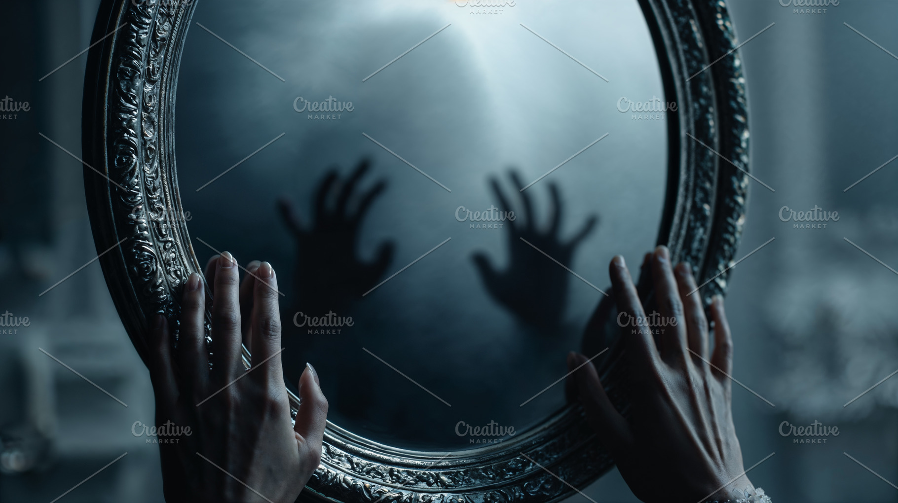 Eerie hands reach from a foggy mirror on Halloween night, a Holiday Photo by OSORIOartist