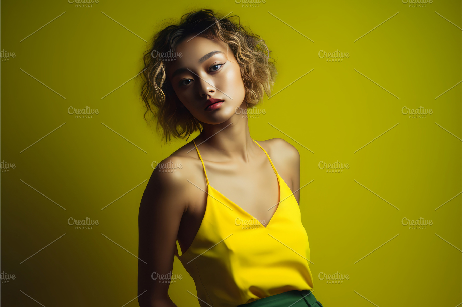 Girl neon yellow camisole. Generate, a Beauty & Fashion Photo by Ylivdesign