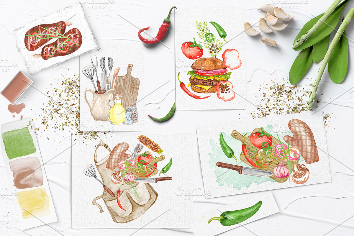 BBQ Watercolor Set, a Food Illustration by BarvArt | Creative Market