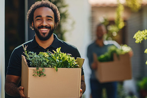 Smiling man carries box of plants, a Photo by Beautiful things