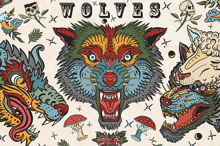 Wolves old school tattoo