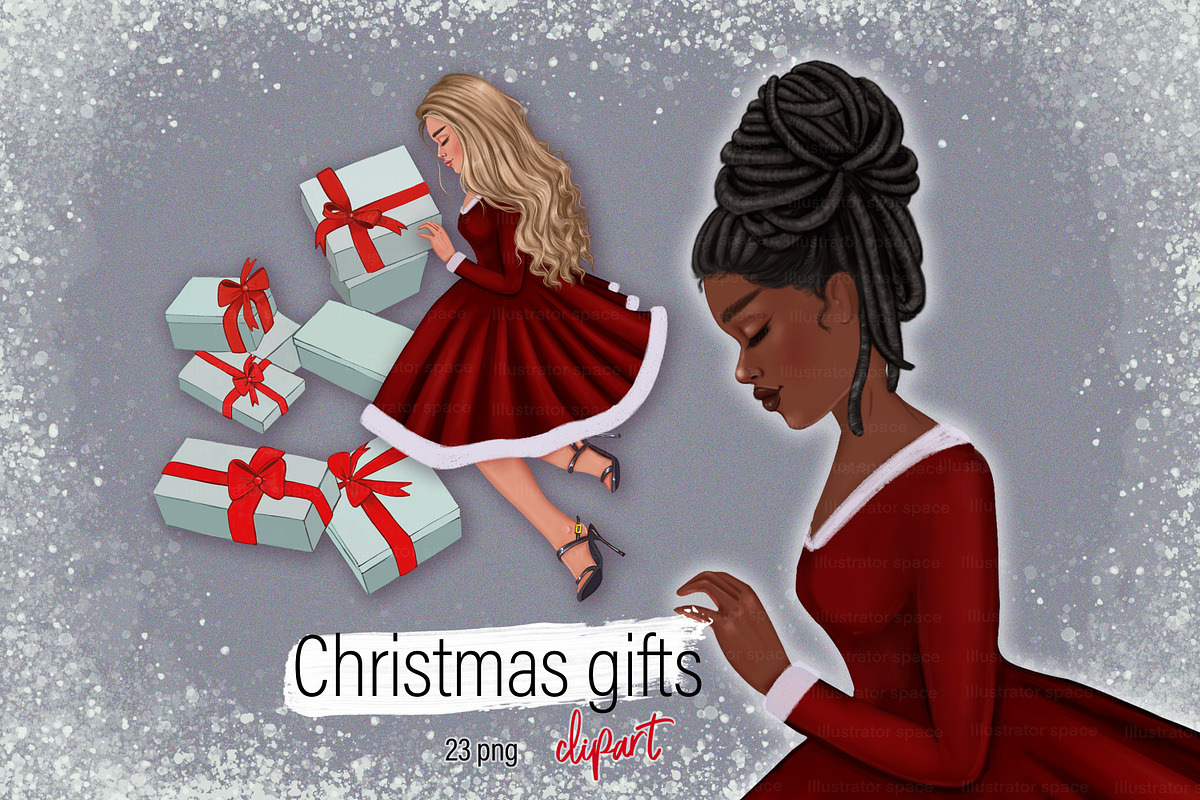 Christmas girl with gifts clipart, an Illustration by Illustrator Space (Photo 1 of 8)