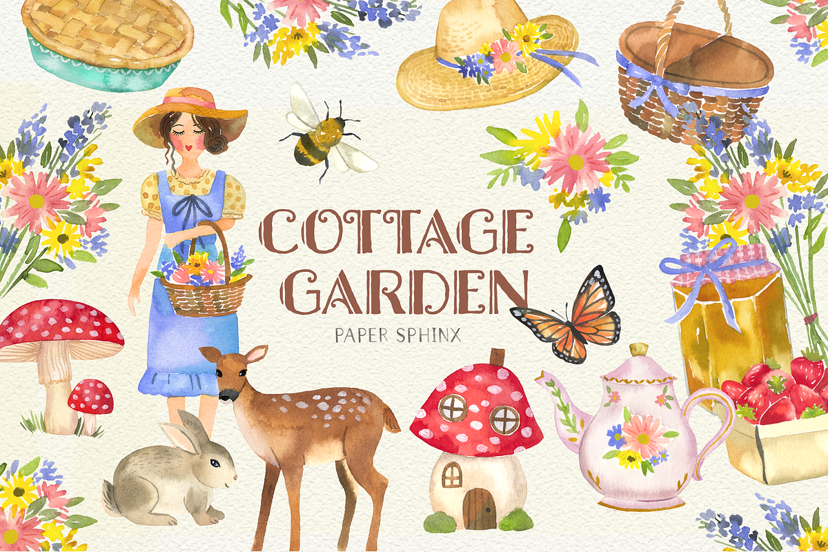 Watercolor Cottage Chic Clipart, an Animal Illustration by PaperSphinx (Photo 1 of 3)
