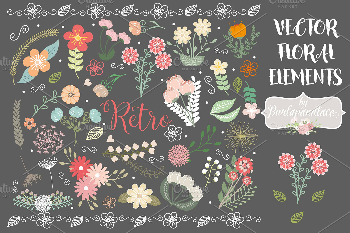 Vector retro flower elements, an Illustration by burlapandlace