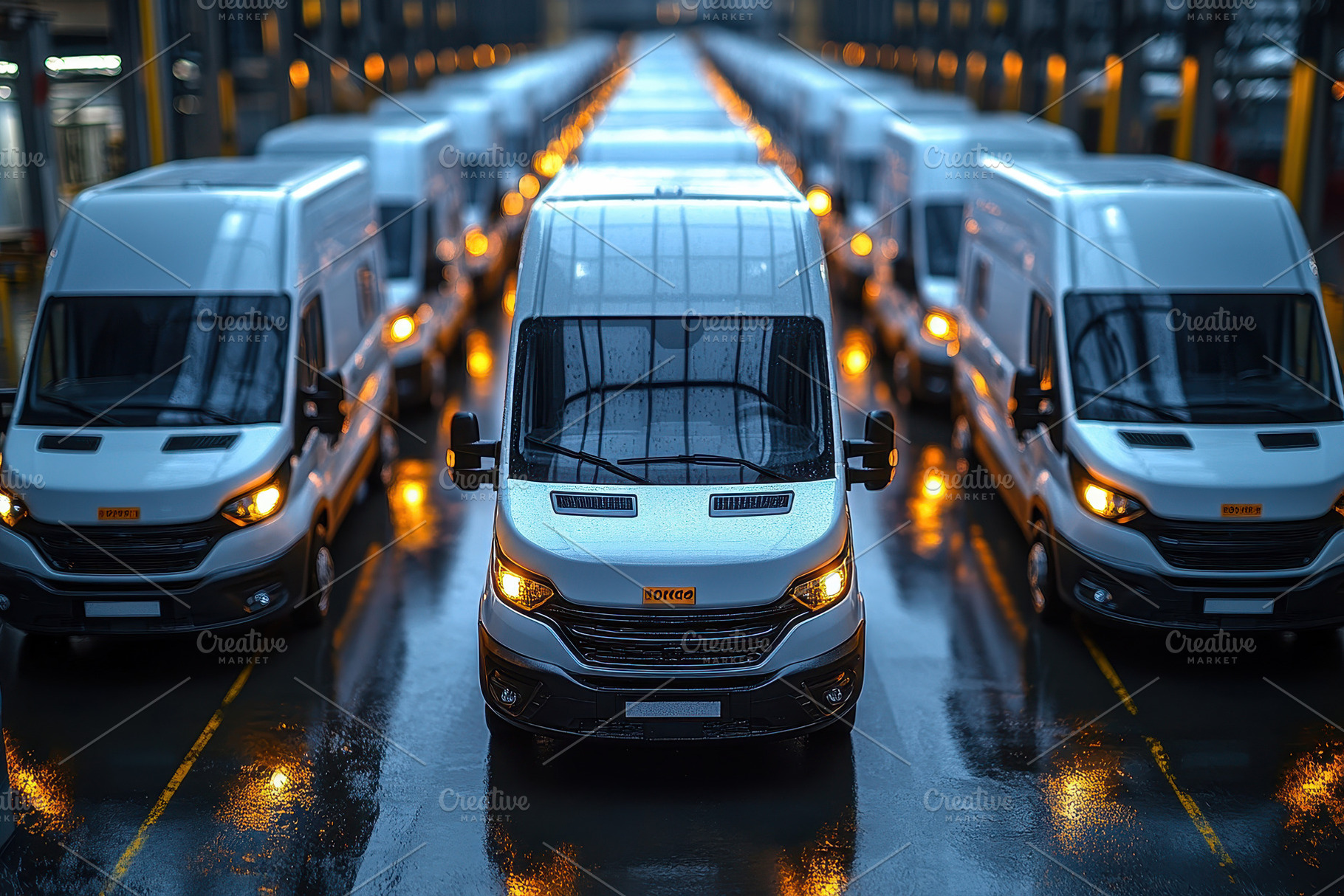 Fleet of delivery vans lined up in a, a Photo by Tanuart