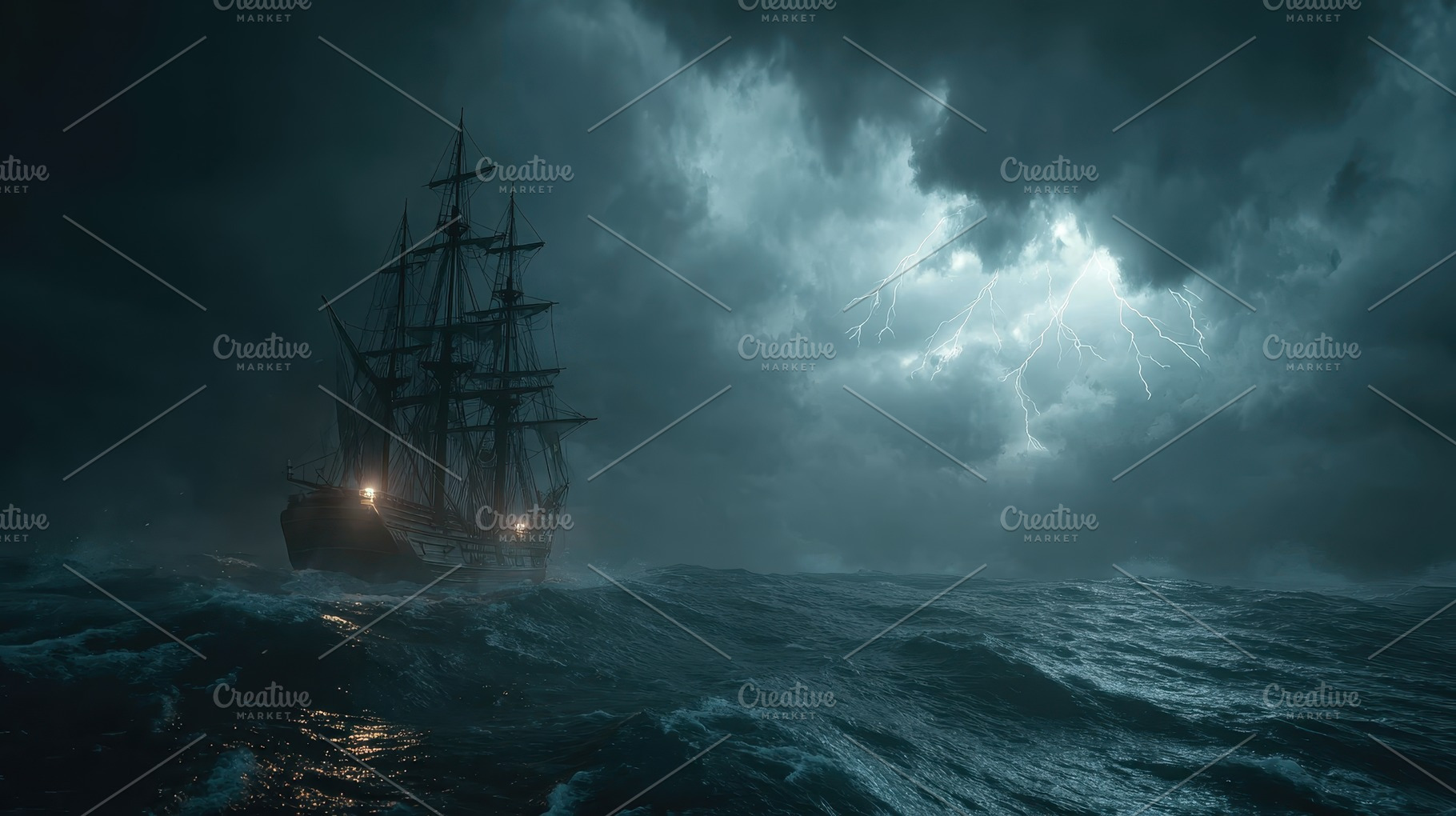 Sailing Ship Stormy Sea Lightning Ni, a Photo by Pixeness Studio
