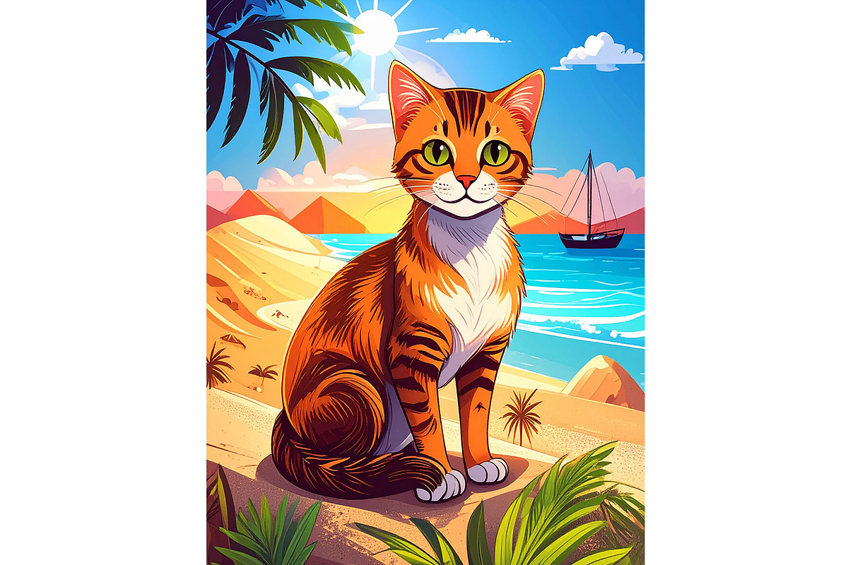 Cat in Egypt at the Beach, an Animal Illustration by Sharon Schwalbe