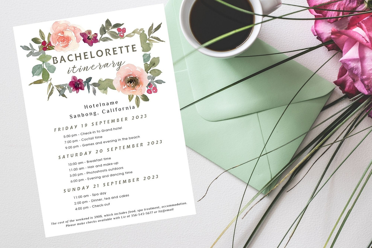 Floral Bachelorette party itinerary, an Invitation Template by EvaTemplates (Photo 2 of 8)