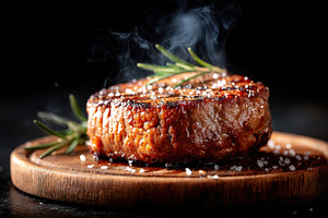 Grilled steak with rosemary on wooden board, a Food & Drink Photo by AlyaAnd