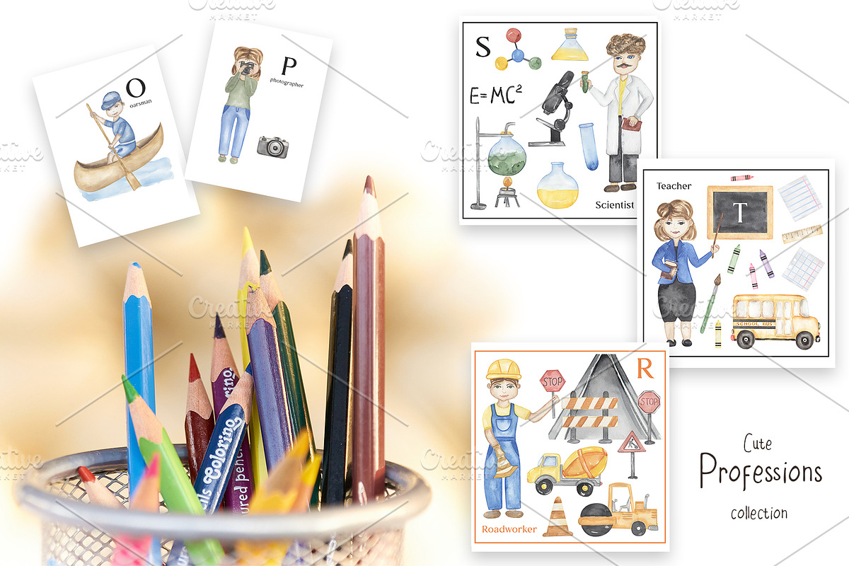 Watercolor Cute Alphabet Professions, an Education Illustration by MayaNavits (Photo 7 of 12)