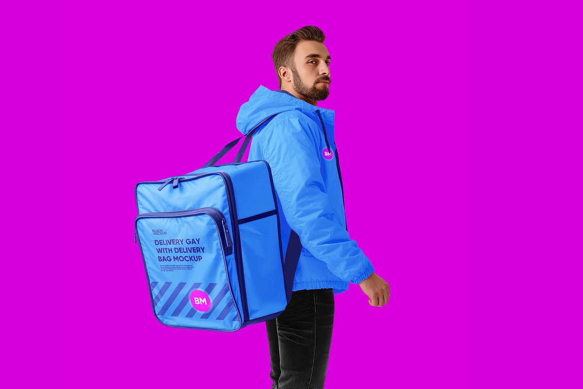 Delivery guy with bag mockup, an Advertising Mockup by BlackMockup (Photo 4 of 10)