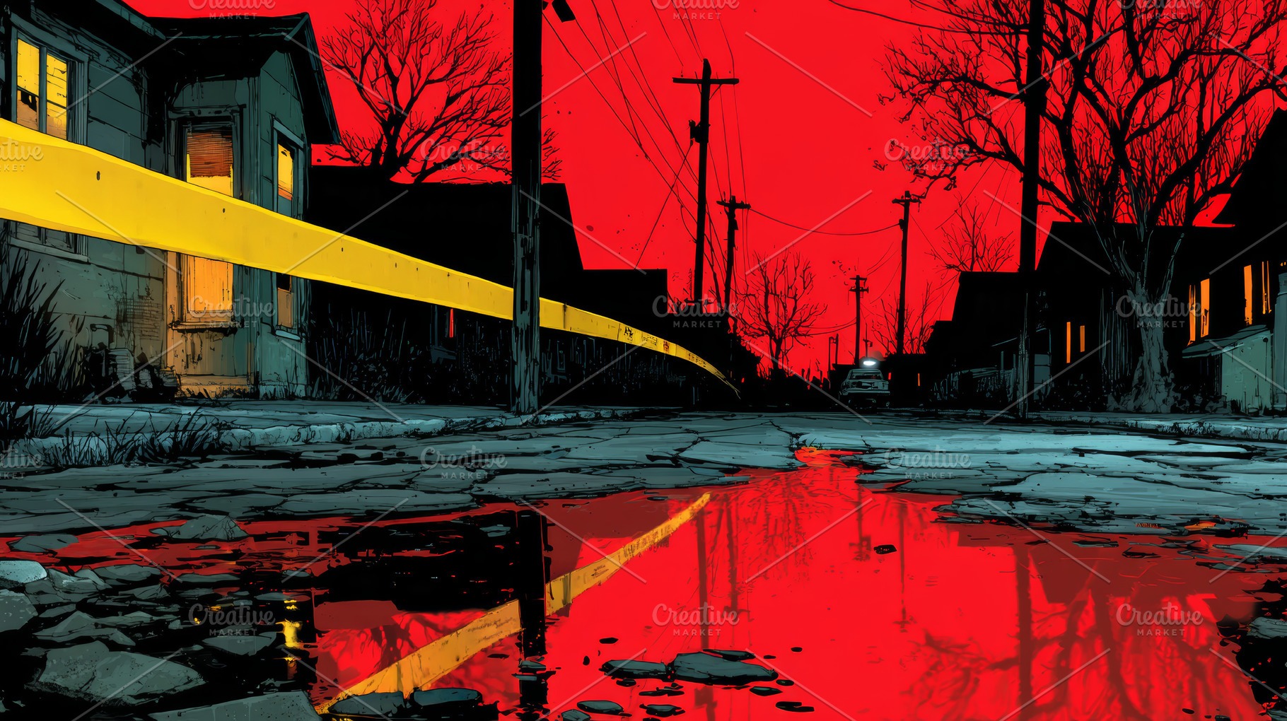 Crime scene at dusk with yellow police tape across an abandoned urban street re, a Photo by AS photostudio