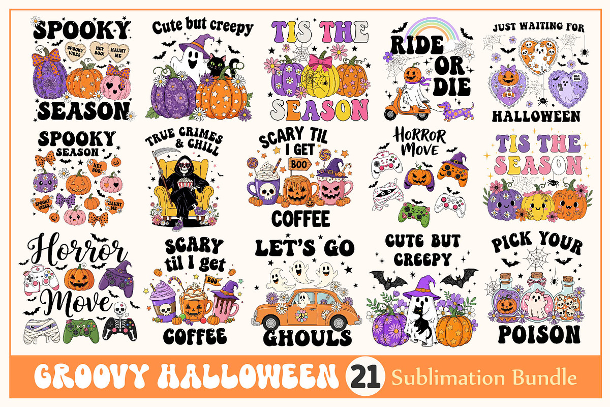 Groovy Halloween Sublimation Bundle, a Work Illustration by Dream Creation (Photo 1 of 11)