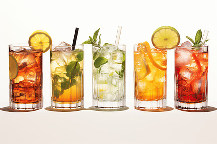 Different alcohol cocktails on white background, a Food & Drink Photo by AlyaAnd