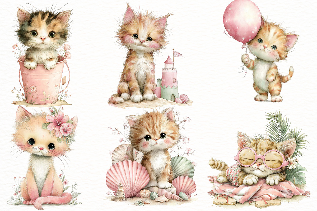 Whimsical Summer cat clipart, an Illustration by Designworld (Photo 3 of 8)