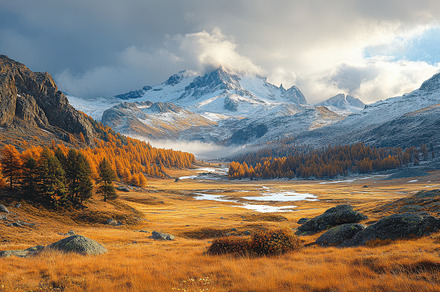 Autumn mountain vista: snow-capped p, a Background Photo by Pixeness