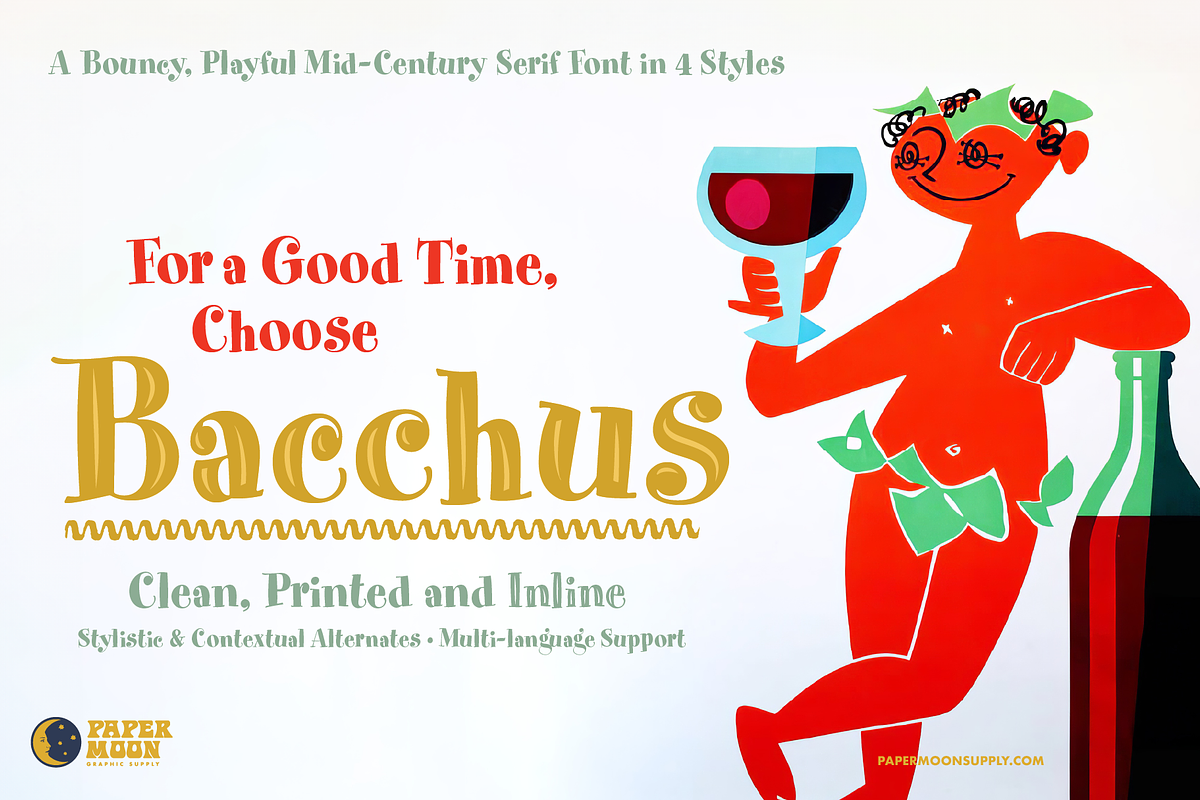 PM Bacchus Bouncy Retro Serif, a Serif Font by Paper Moon Graphic Supply (Photo 1 of 9)