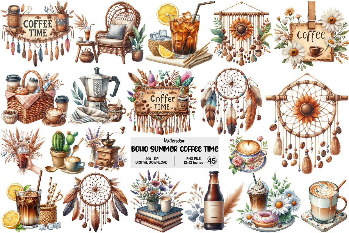 Boho Summer Coffee Time Clipart, an Illustration by Pixels.Craft (Photo 1 of 9)