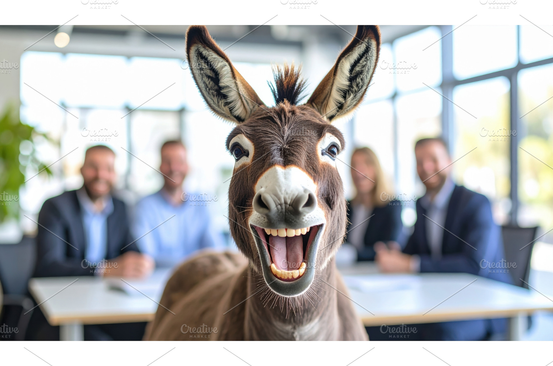 A donkey smiling in an office, a Business Photo by Igor Tichonow