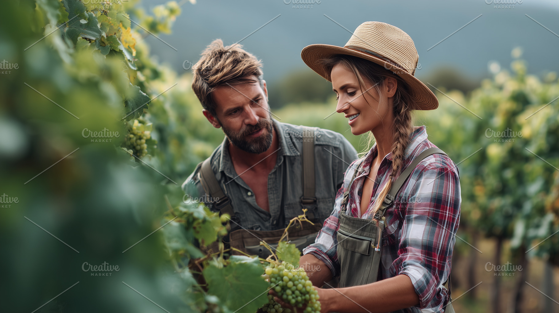 Smiling couple harvests green grapes, a Nature Photo by MistyDay