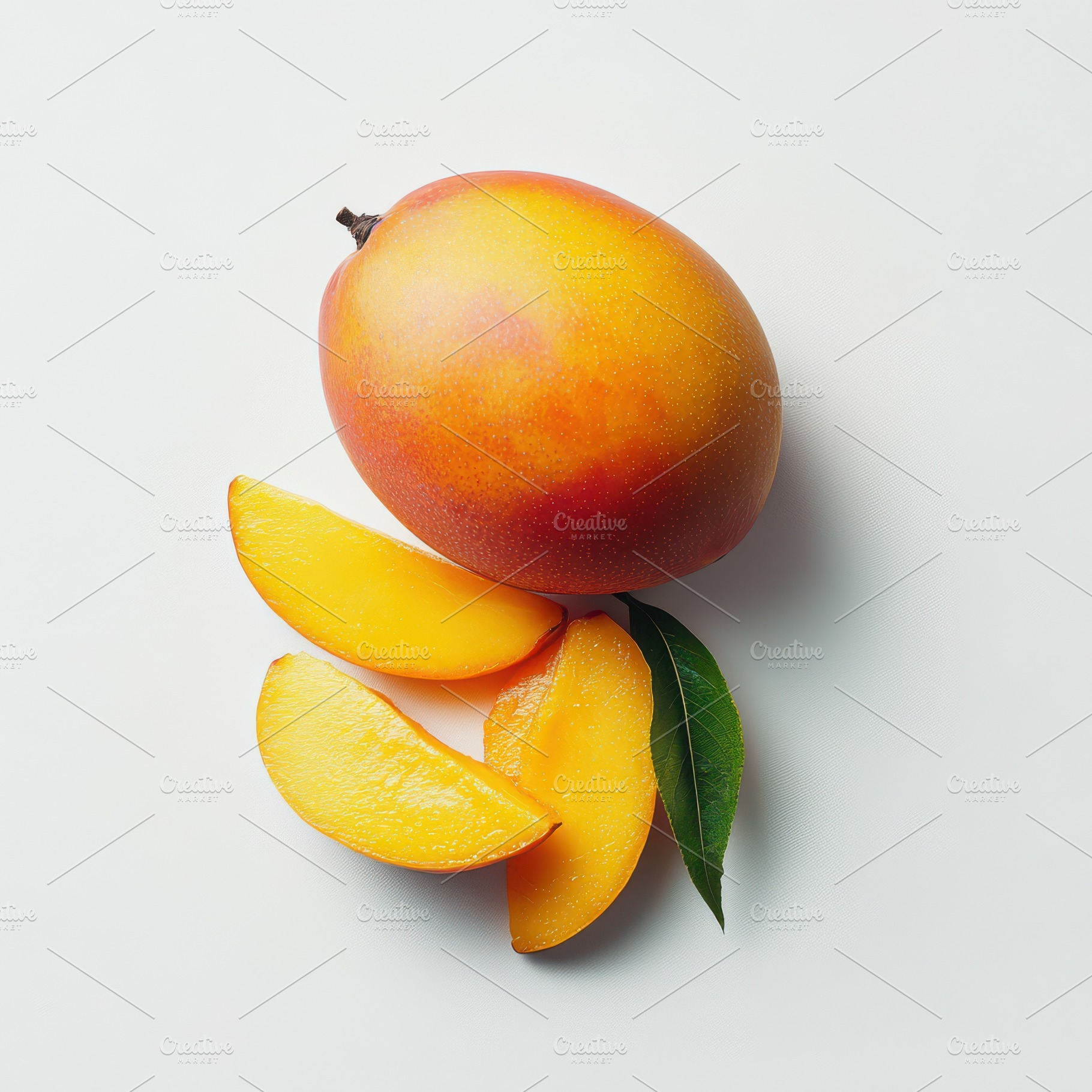 Mango with mango slices and green le, a Food & Drink Photo by Pixeness Studio
