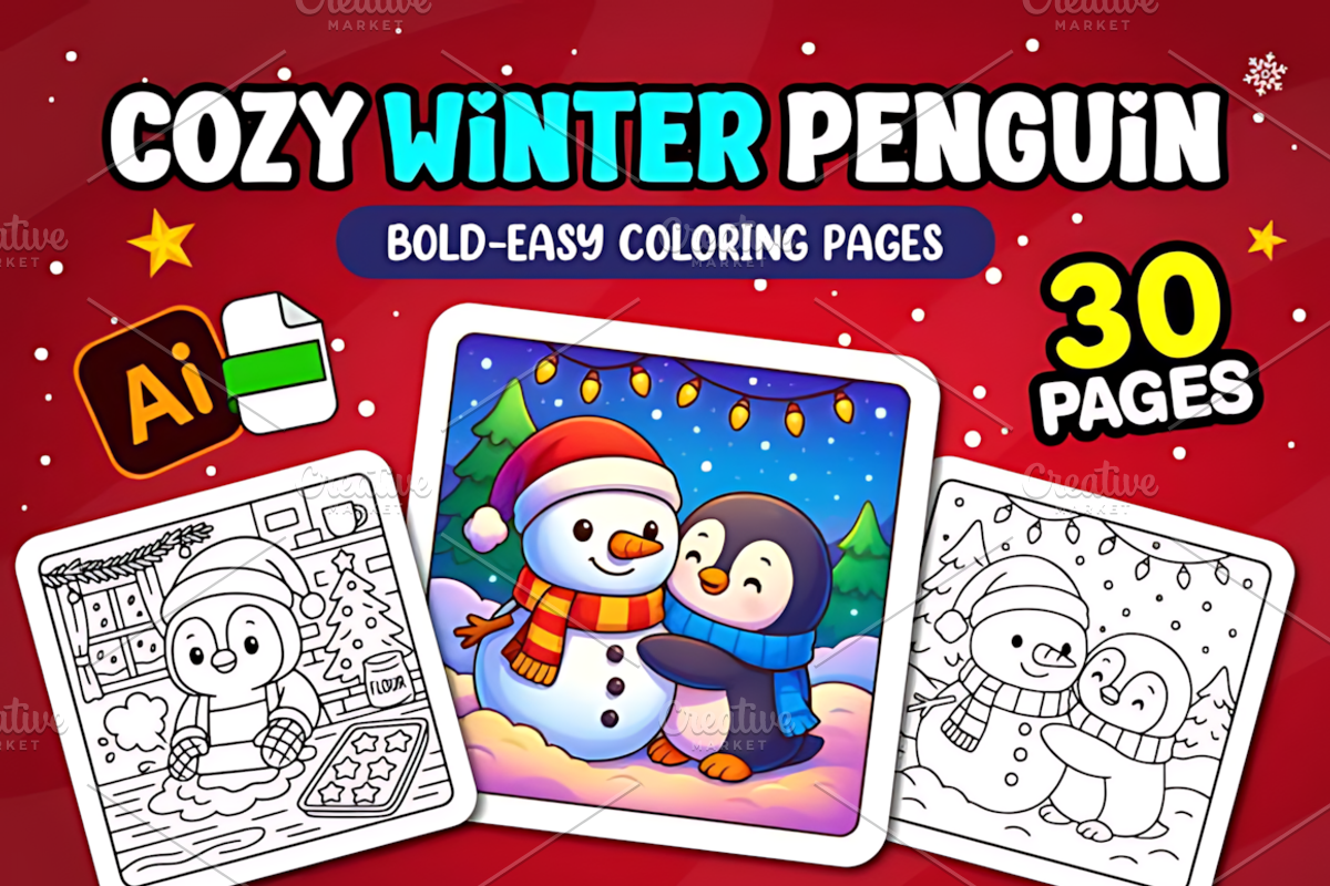 Winter Penguin Coloring Pages, a Seasonal Illustration by Coco Bloom (Photo 1 of 3)